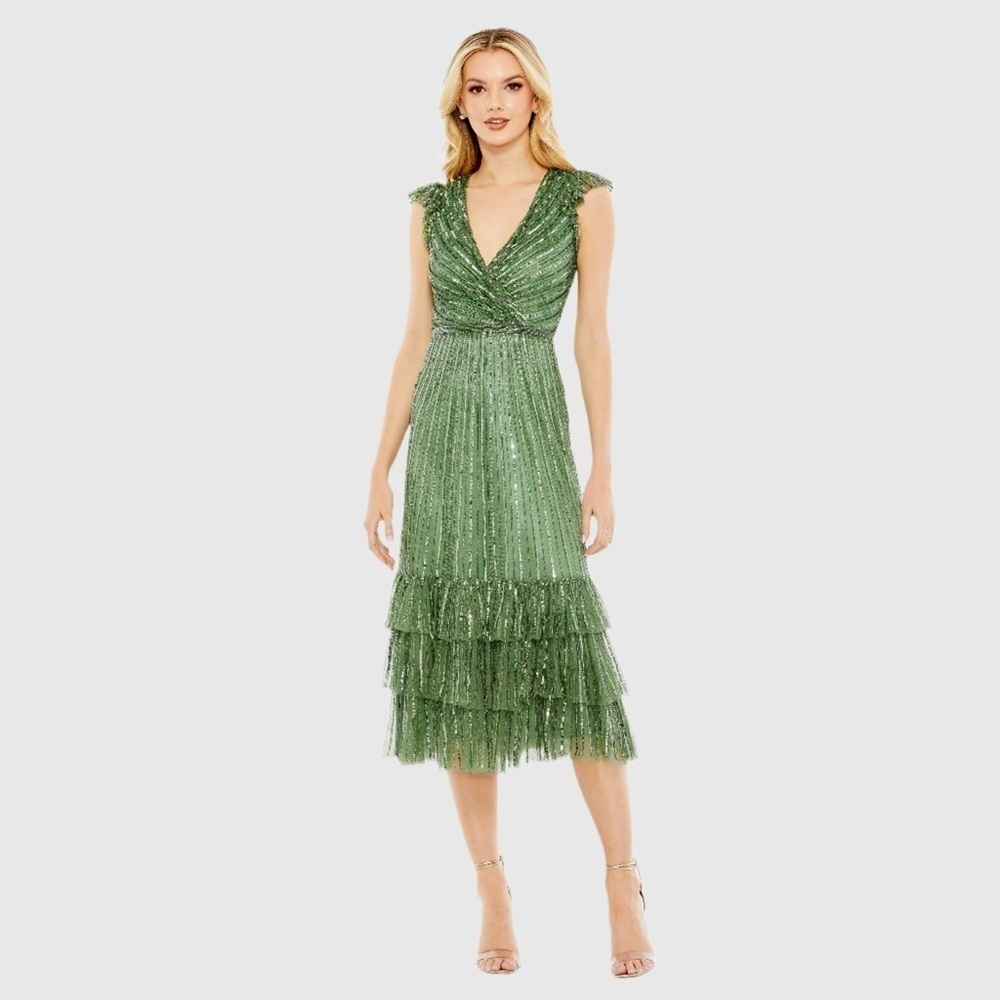 Mac Duggal 5585 Nwt Green Sequined Wrap Over Cap Sleeve Ruffle Hem Dress